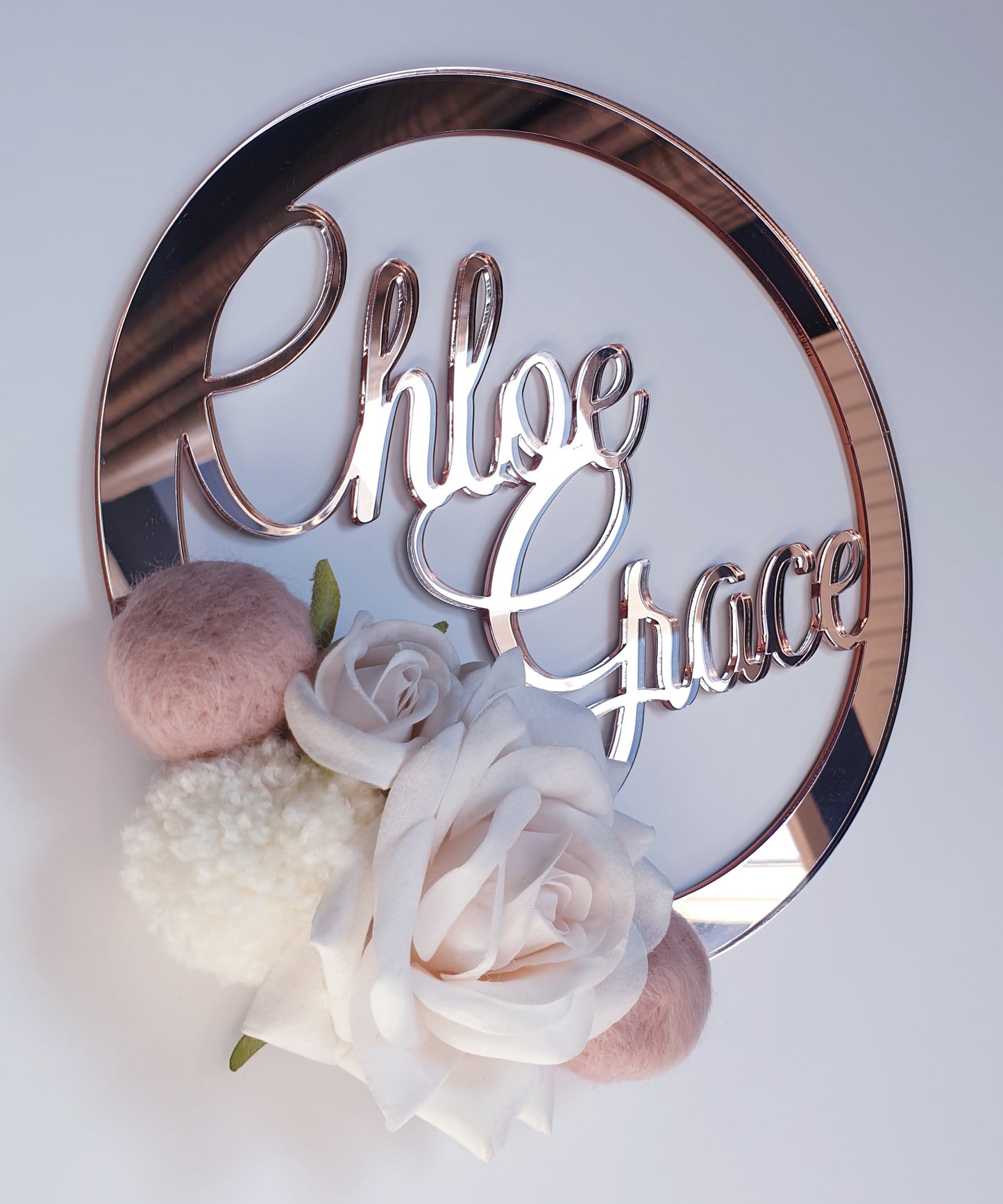 Floral name mirror/coloured acrylic hoop, personalised wall/door decor, children's bedroom, nursery, dressing room, business name sign.