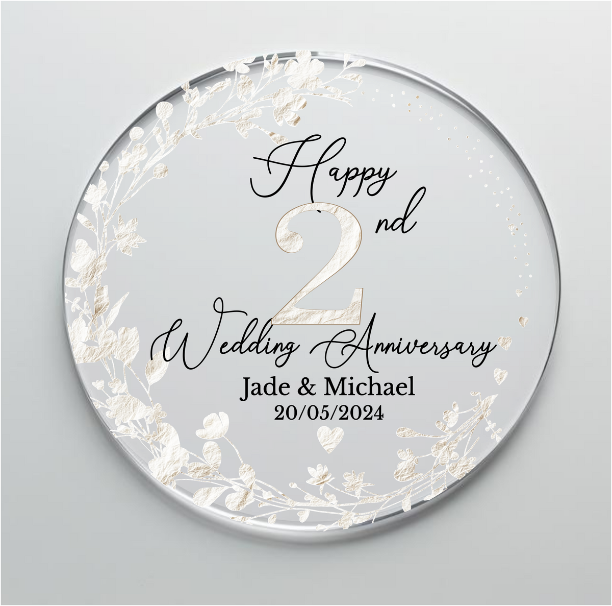 2nd Wedding Cotton Anniversary Printed Acrylic Cake Topper. Personalised. Non edible