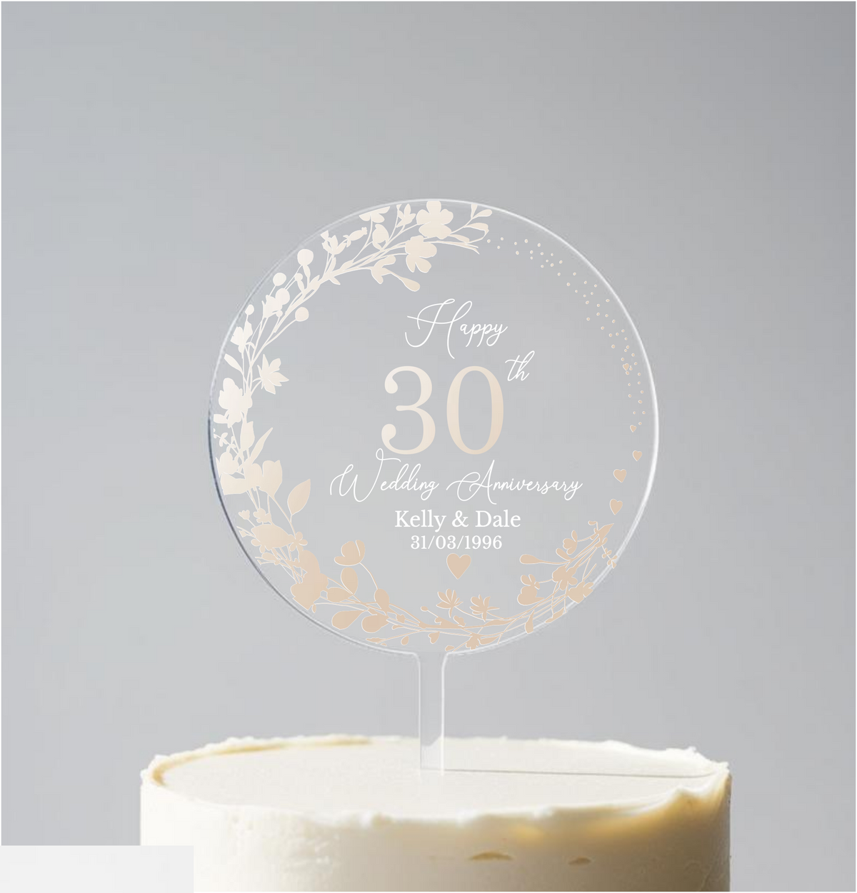 30th Wedding Pearl Anniversary Printed Acrylic Cake Topper. Personalised. Non edible