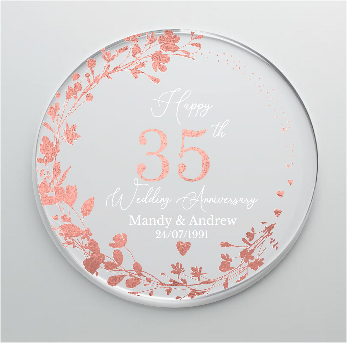 35th Wedding Coral Anniversary Printed Acrylic Cake Topper. Personalised. Non edible