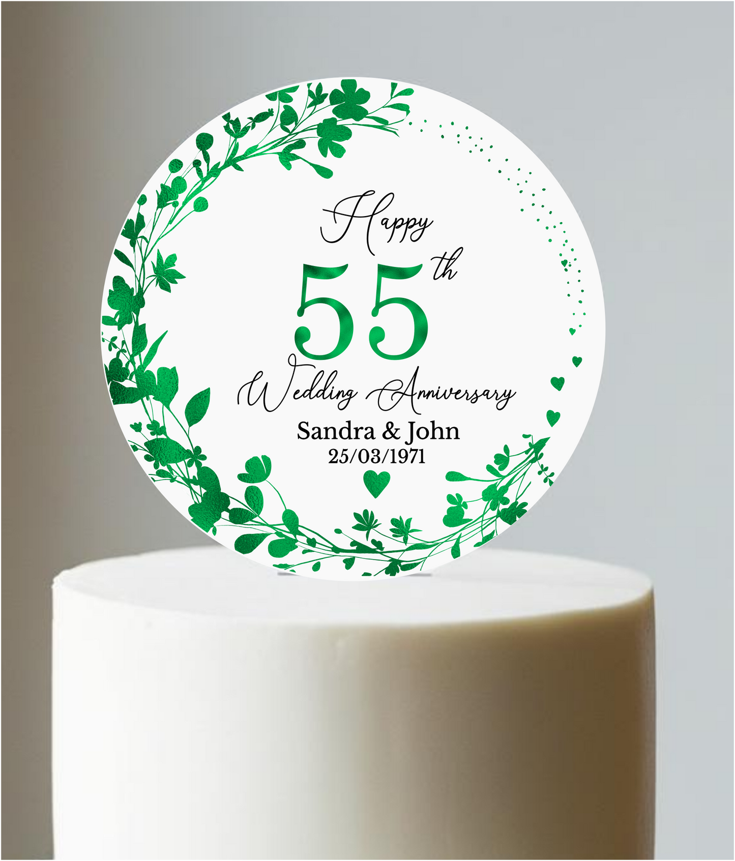 55th Wedding Emerald Anniversary Printed Acrylic Cake Topper. Personalised. Non edible