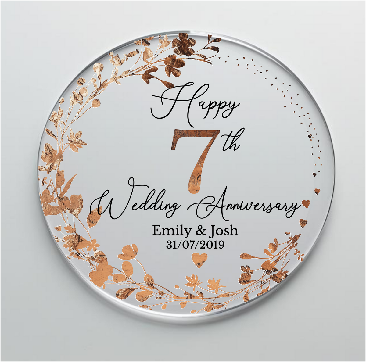 7th Wedding Copper Anniversary Printed Acrylic Cake Topper. Personalised. Non edible