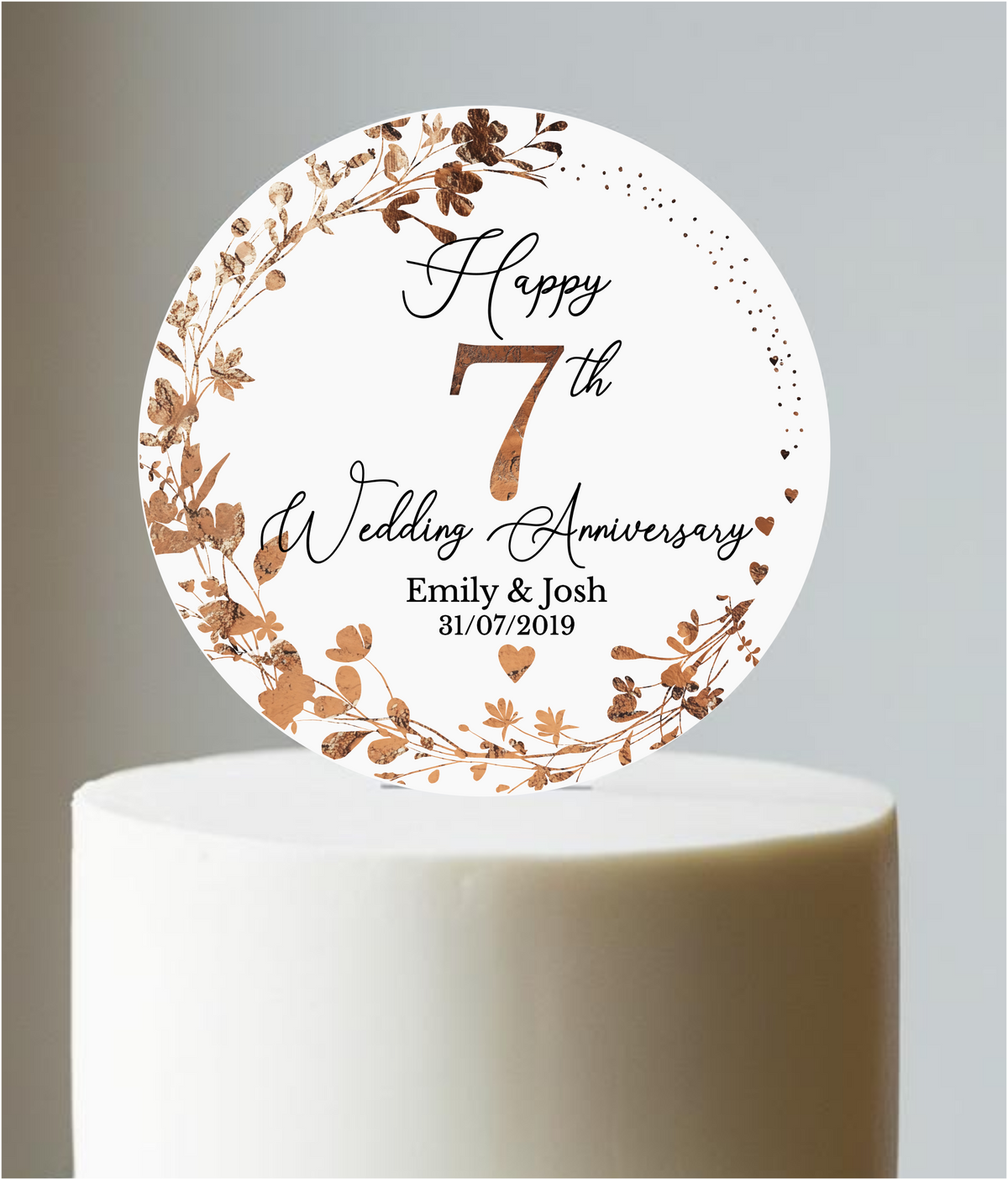 7th Wedding Copper Anniversary Printed Acrylic Cake Topper. Personalised. Non edible