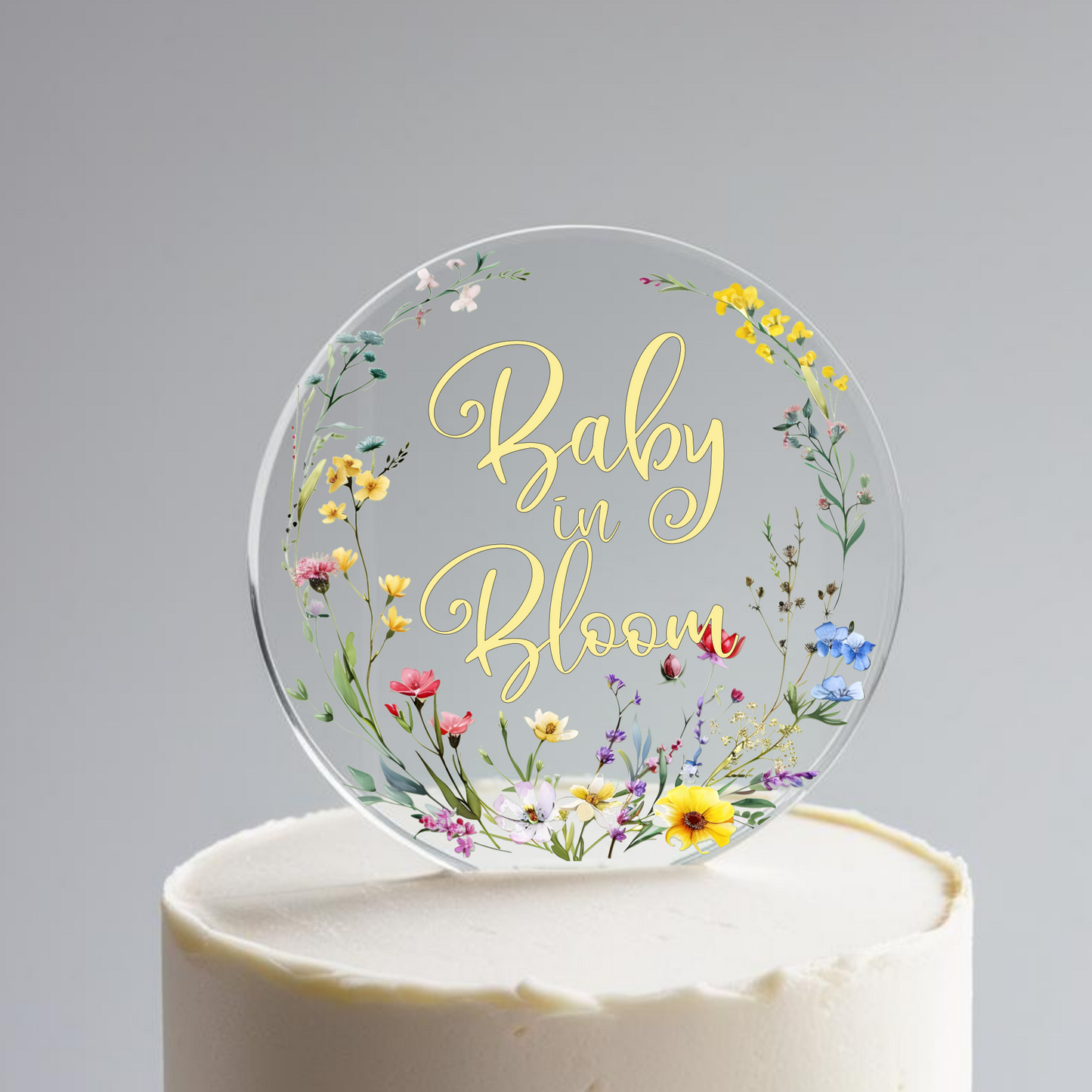 Baby in Bloom printed Wildflower Acrylic Baby Shower Cake Topper. Personalised. Non edible