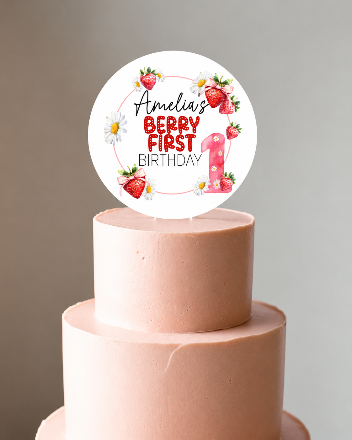 Berry First Birthday Strawberry theme Cake Topper. Personalised. Non edible