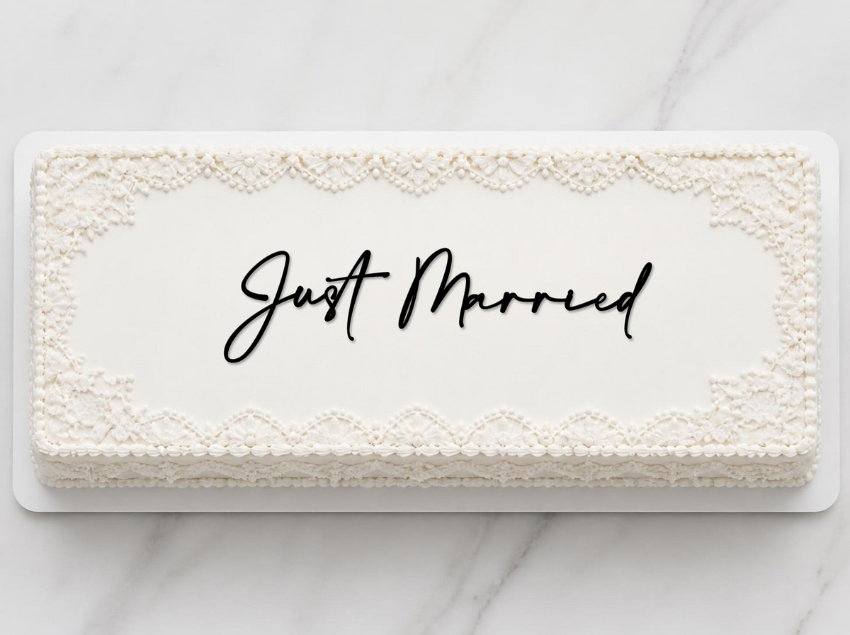 Acrylic Just Married Cake Charm. Various Fonts, Colours & Sizes