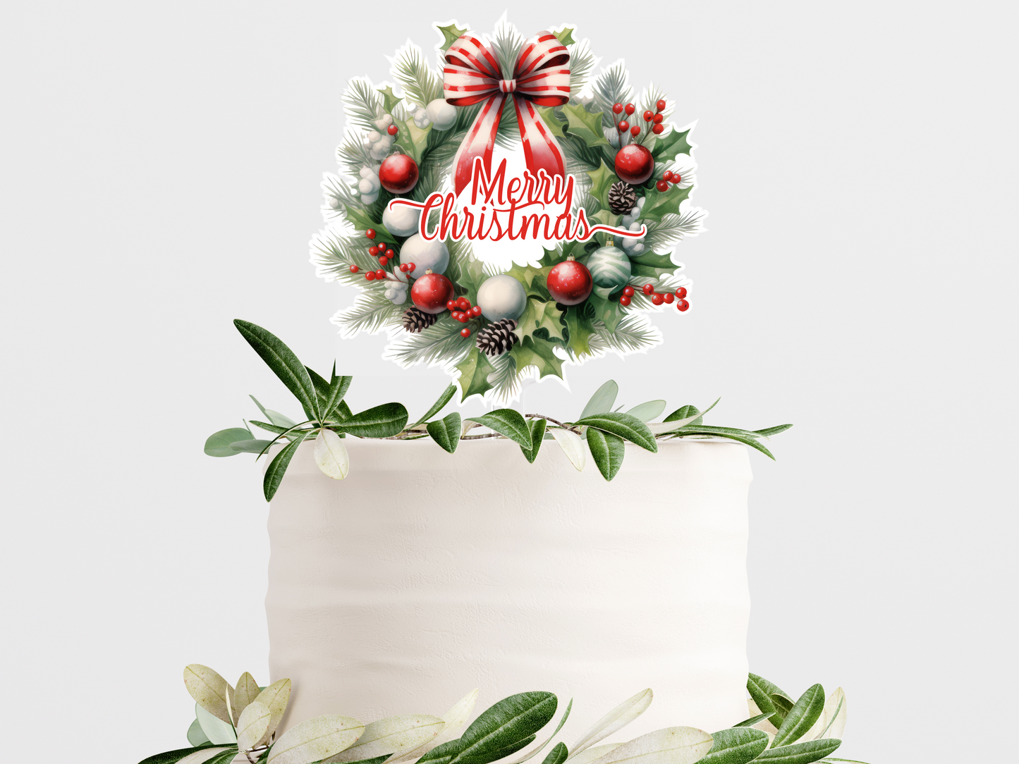 Printed Christmas Wreath Acrylic  Christmas Cake Topper or Charm. Non edible. Reusable