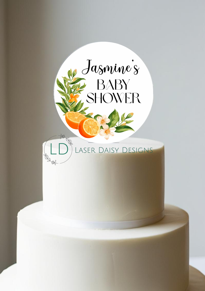 Orange Mediterranean Style Acrylic Cake Topper. Personalised. Non edible