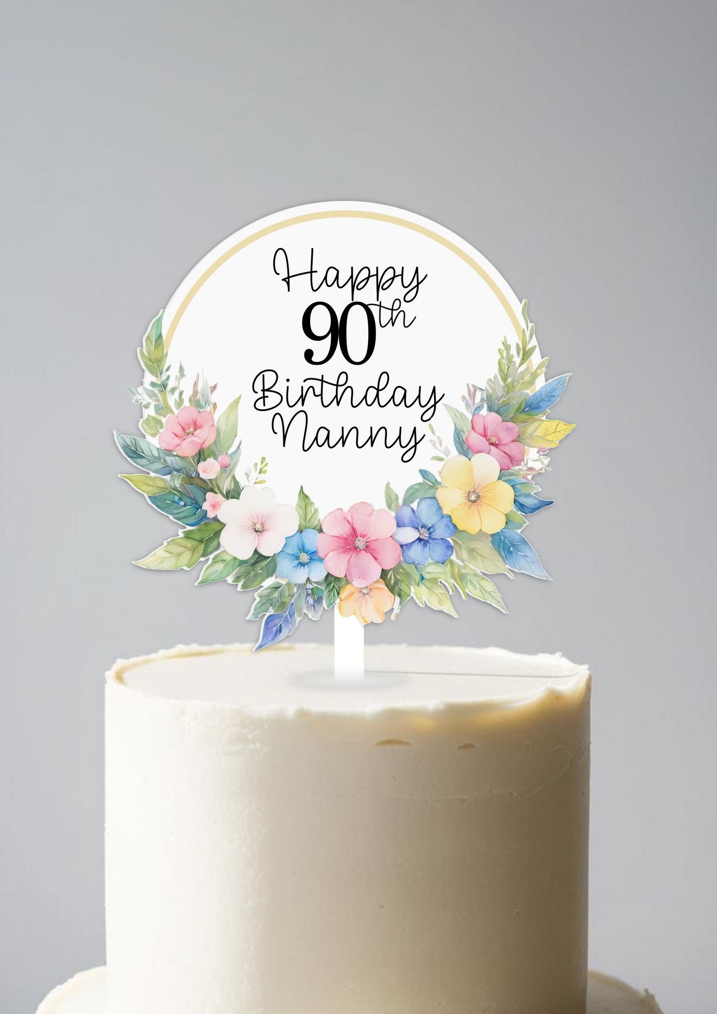 Printed Floral Wreath Acrylic Birthday Cake Topper. Personalised. Non edible