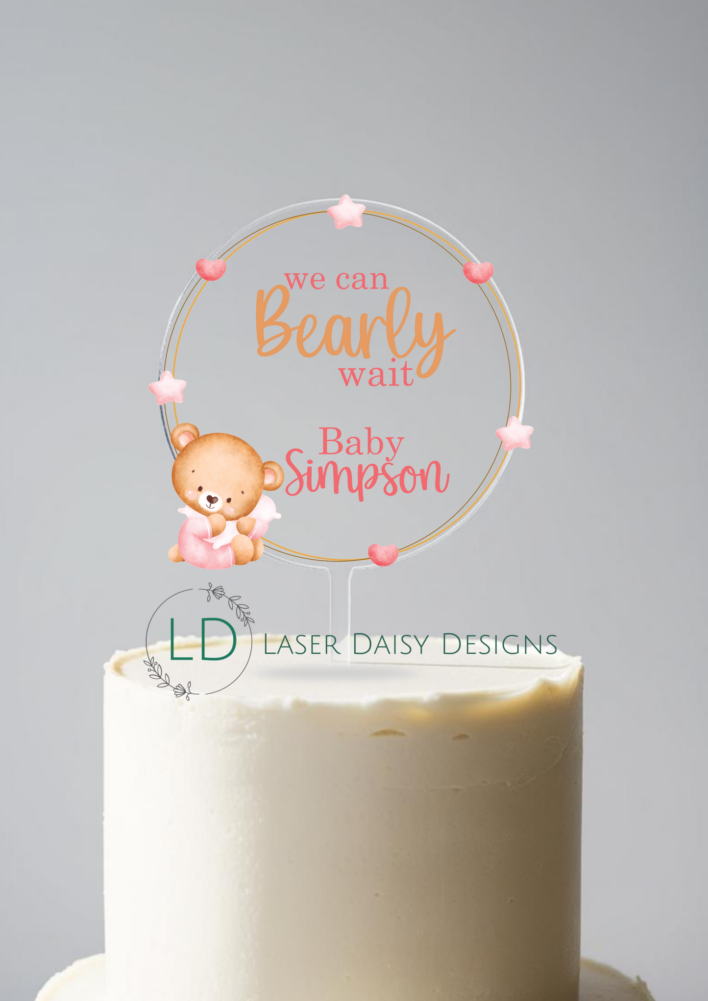 Printed We Can Bearly Wait Cake Topper. Fully Personalised. Non edible