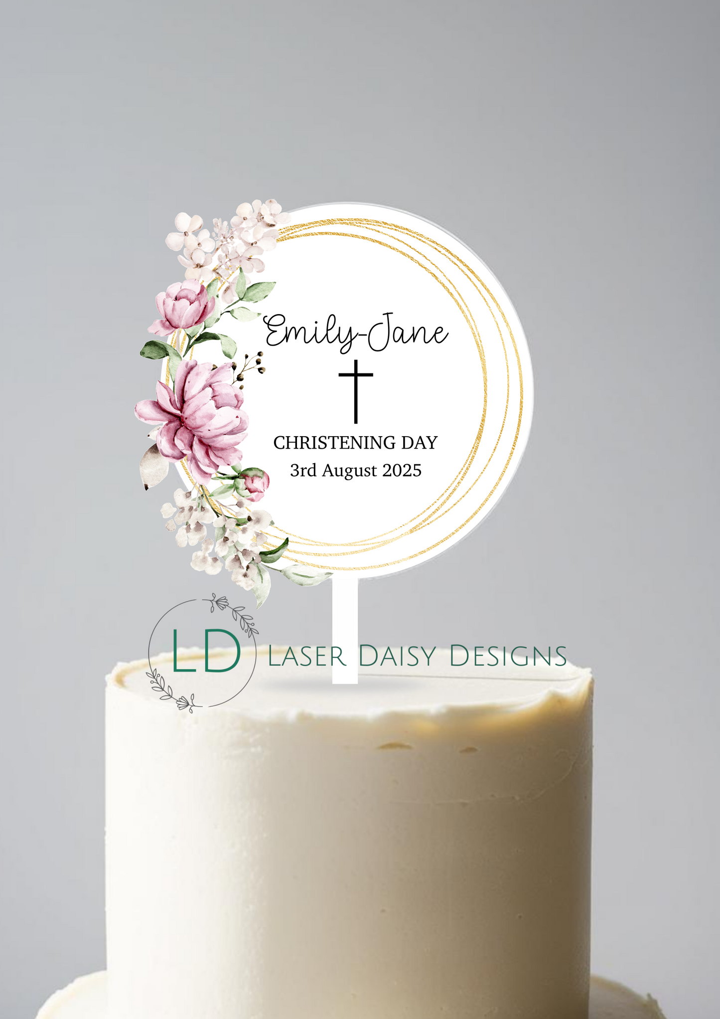 Printed Floral Acrylic Christening Baptism Cake Topper. Personalised. Non edible