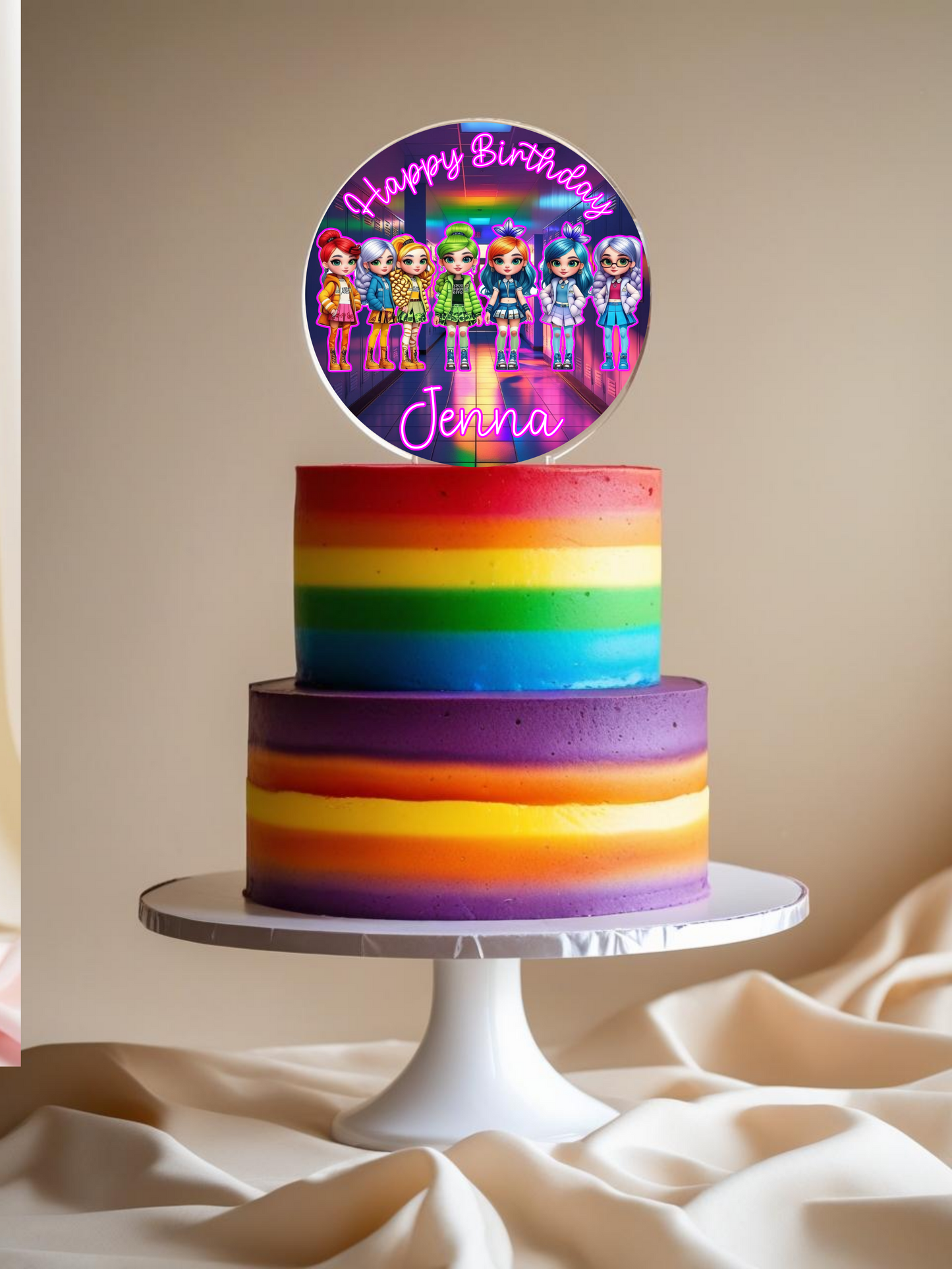 Rainbow School Girl Theme Acrylic Cake Topper. Personalised. Non edible