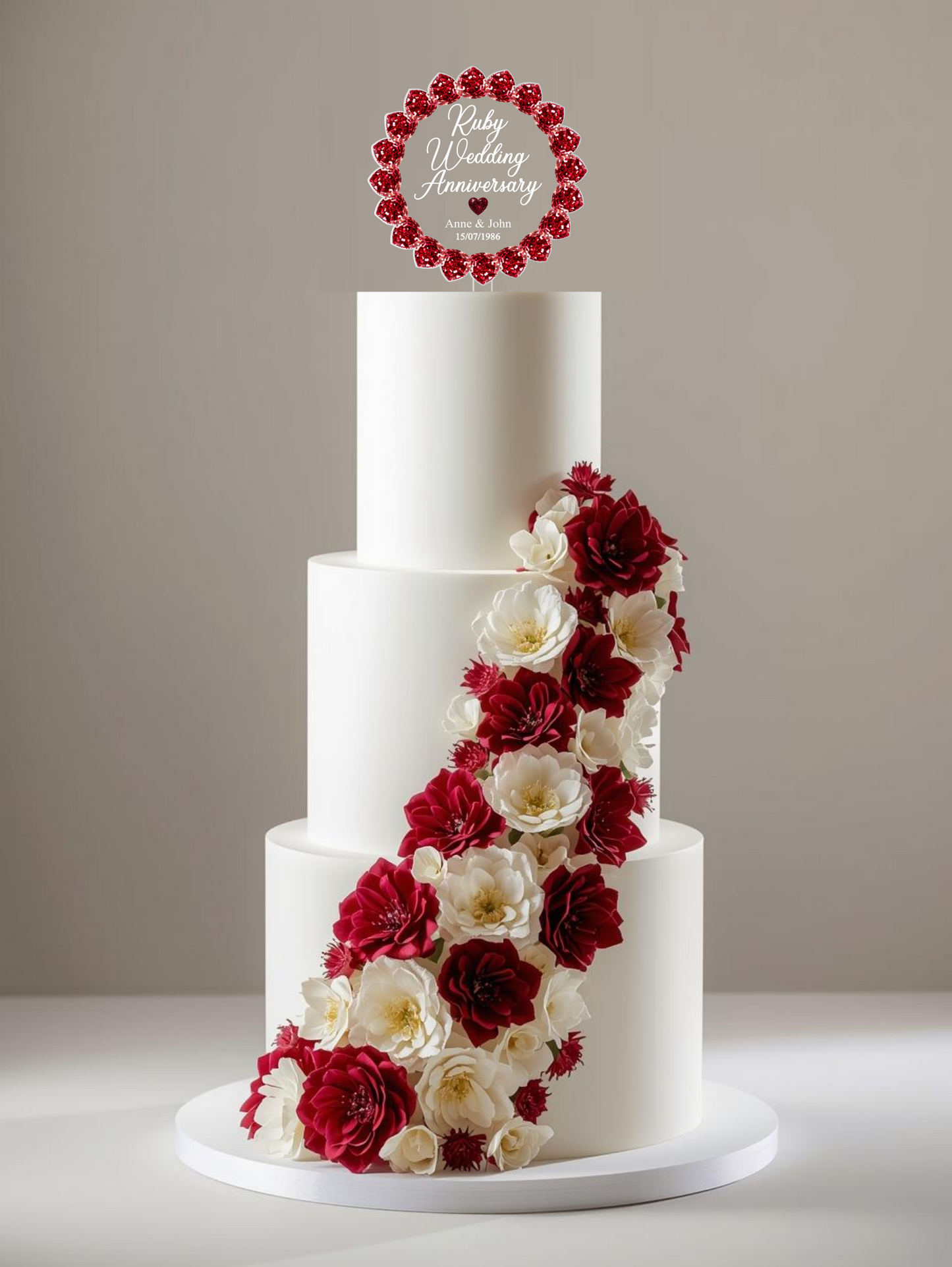 Ruby Wedding Anniversary Printed Acrylic Cake Topper. Personalised. Non edible
