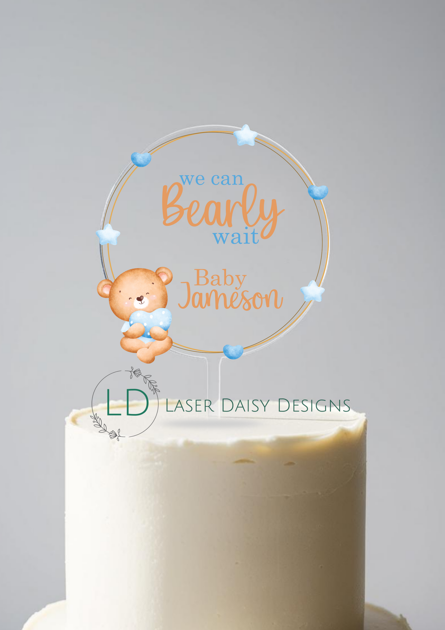 Printed We Can Bearly Wait Cake Topper. Fully Personalised. Non edible