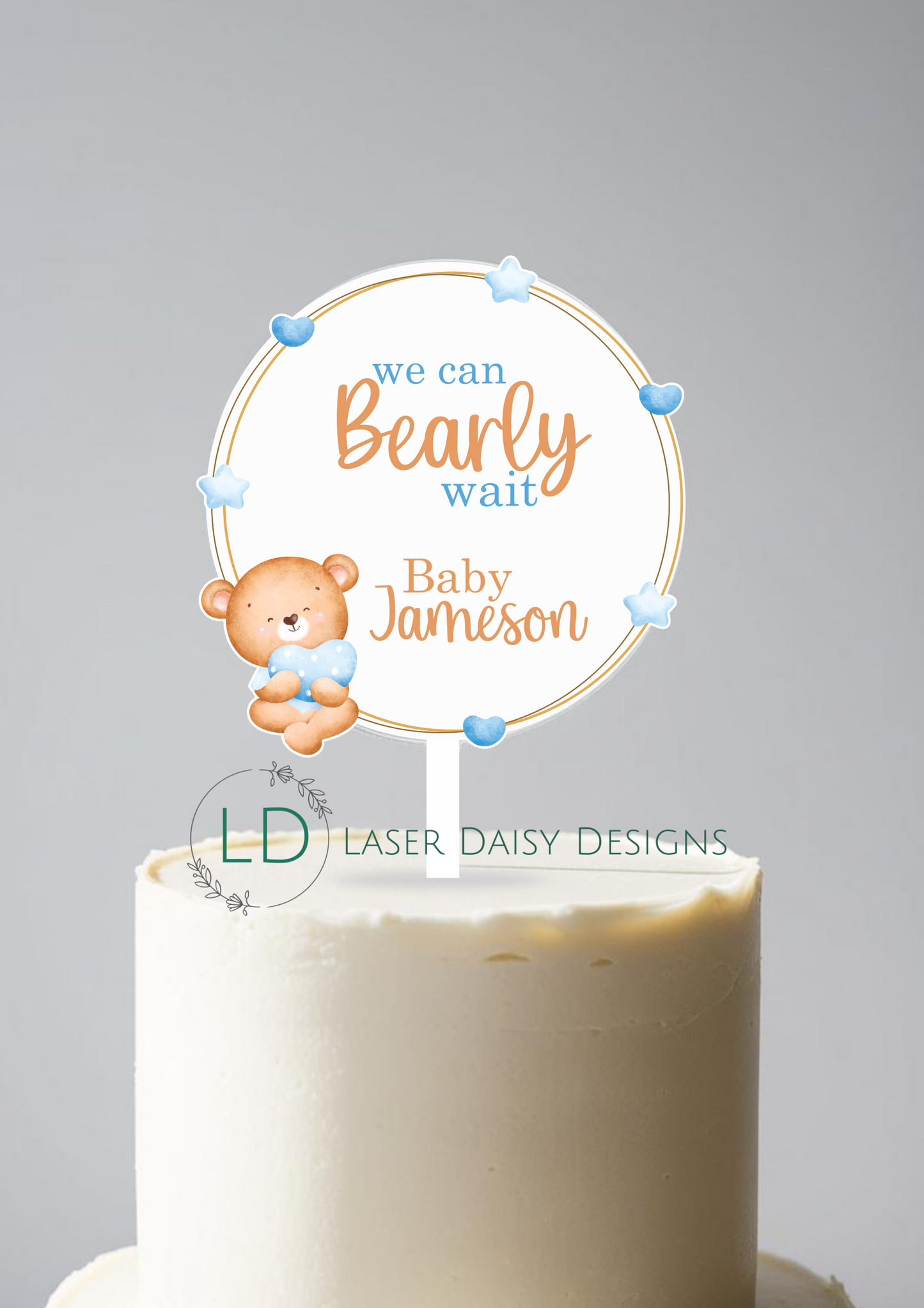Printed We Can Bearly Wait Cake Topper. Fully Personalised. Non edible