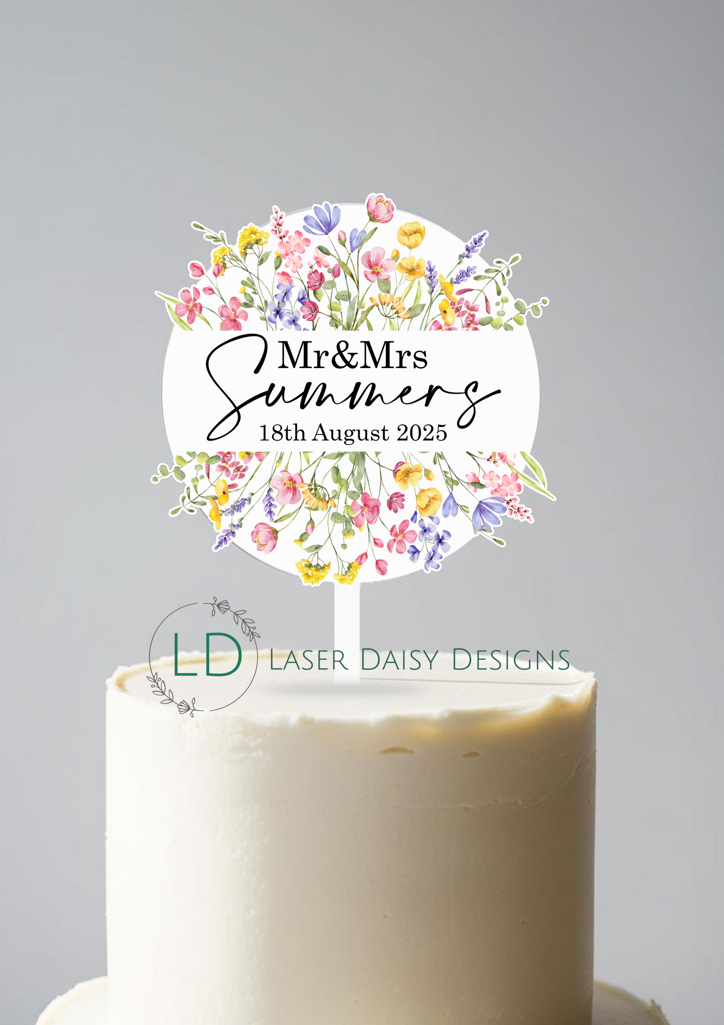 Printed Wildflower Acrylic Wedding Cake Topper. Personalised. Non edible