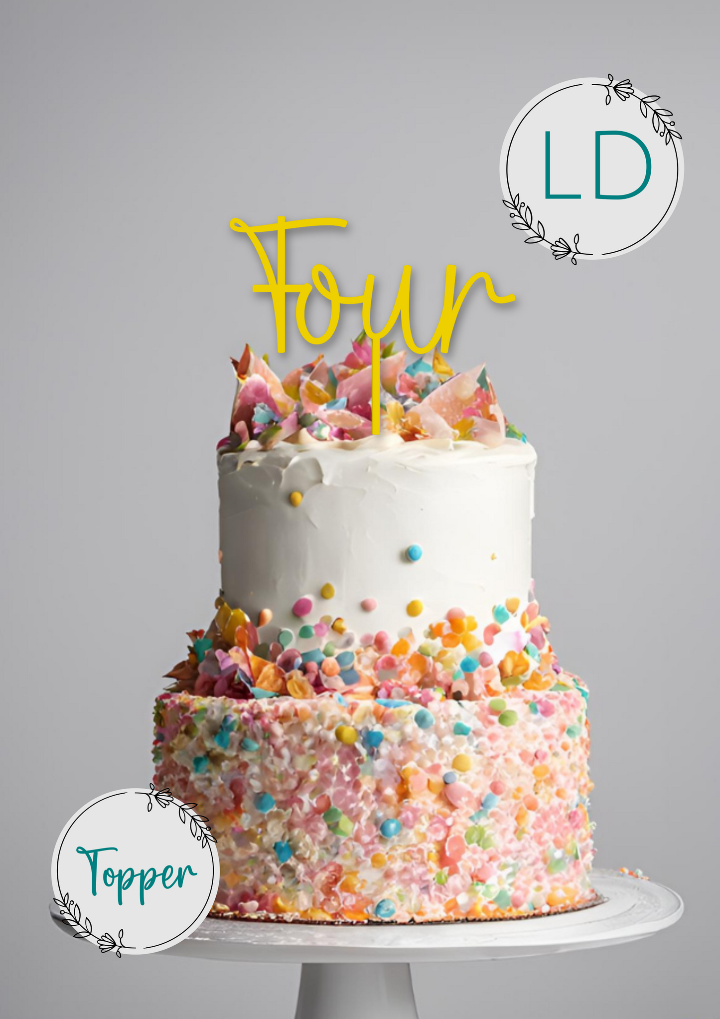 Acrylic 'Four' Cake Topper or Charm. Various Fonts, Colours & Sizes