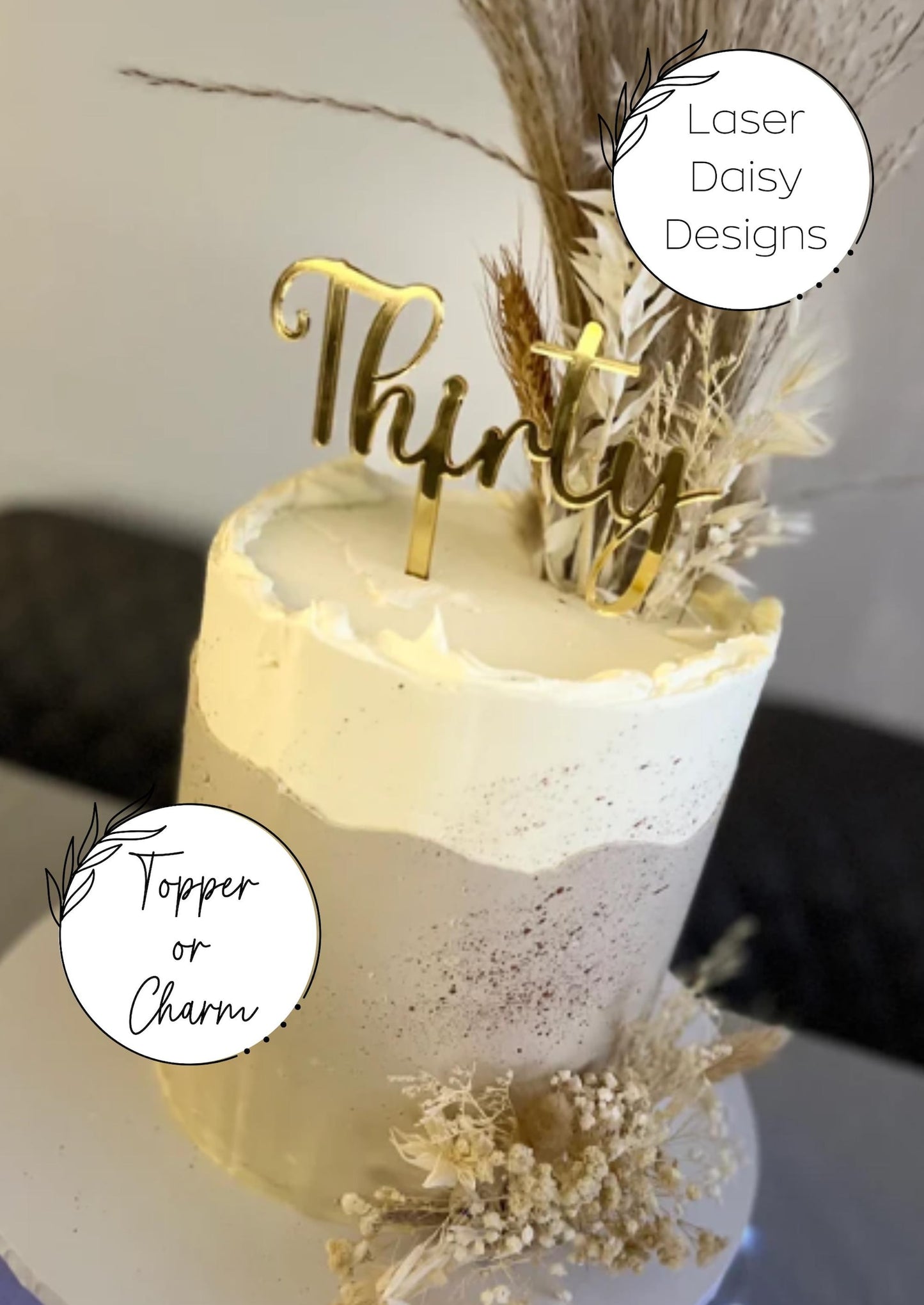 Acrylic 'Thirty' Cake Topper or Charm. Various Fonts, Colours & Sizes