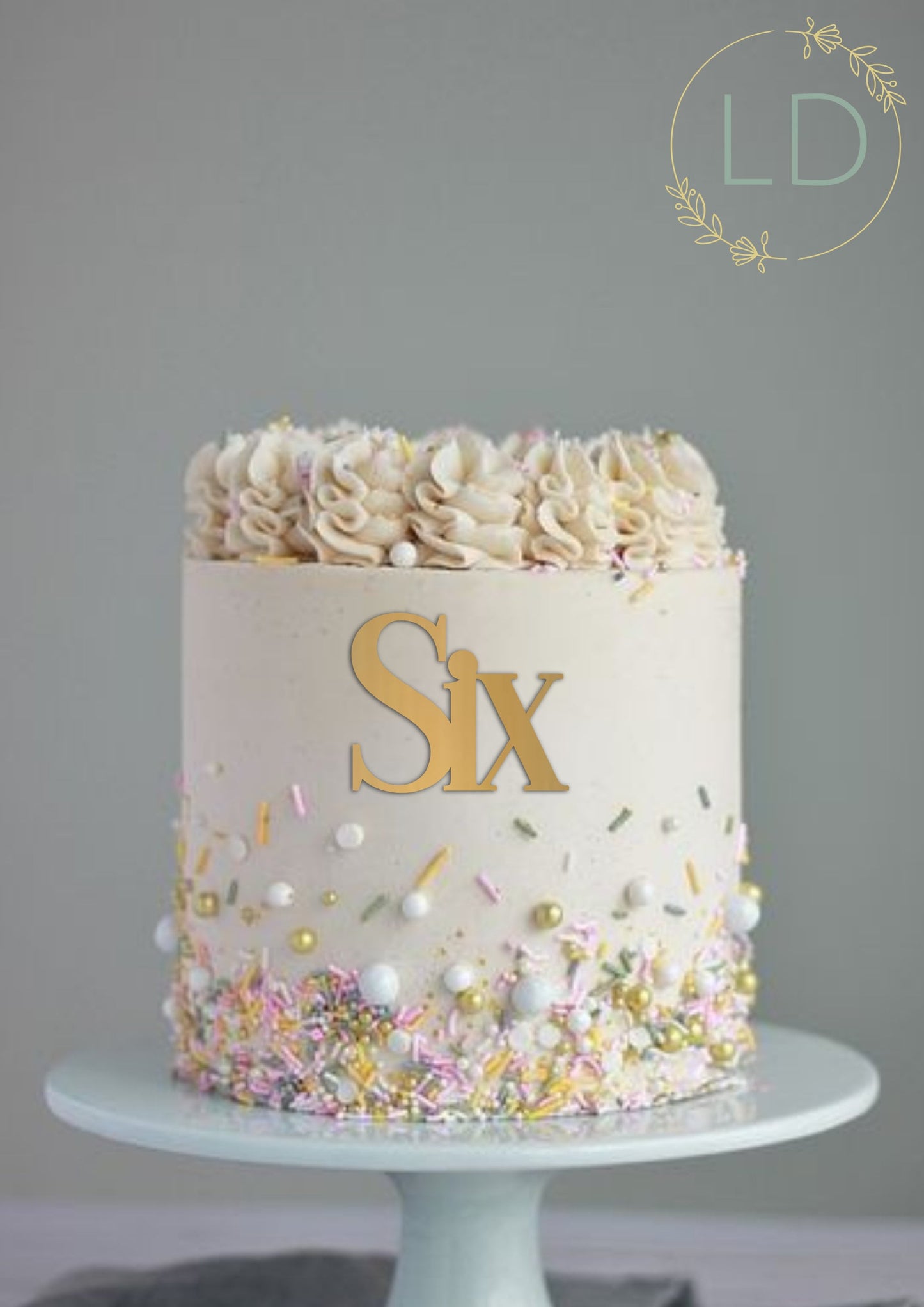 Acrylic 'Six' Cake Topper or Charm. Various Fonts, Colours & Sizes
