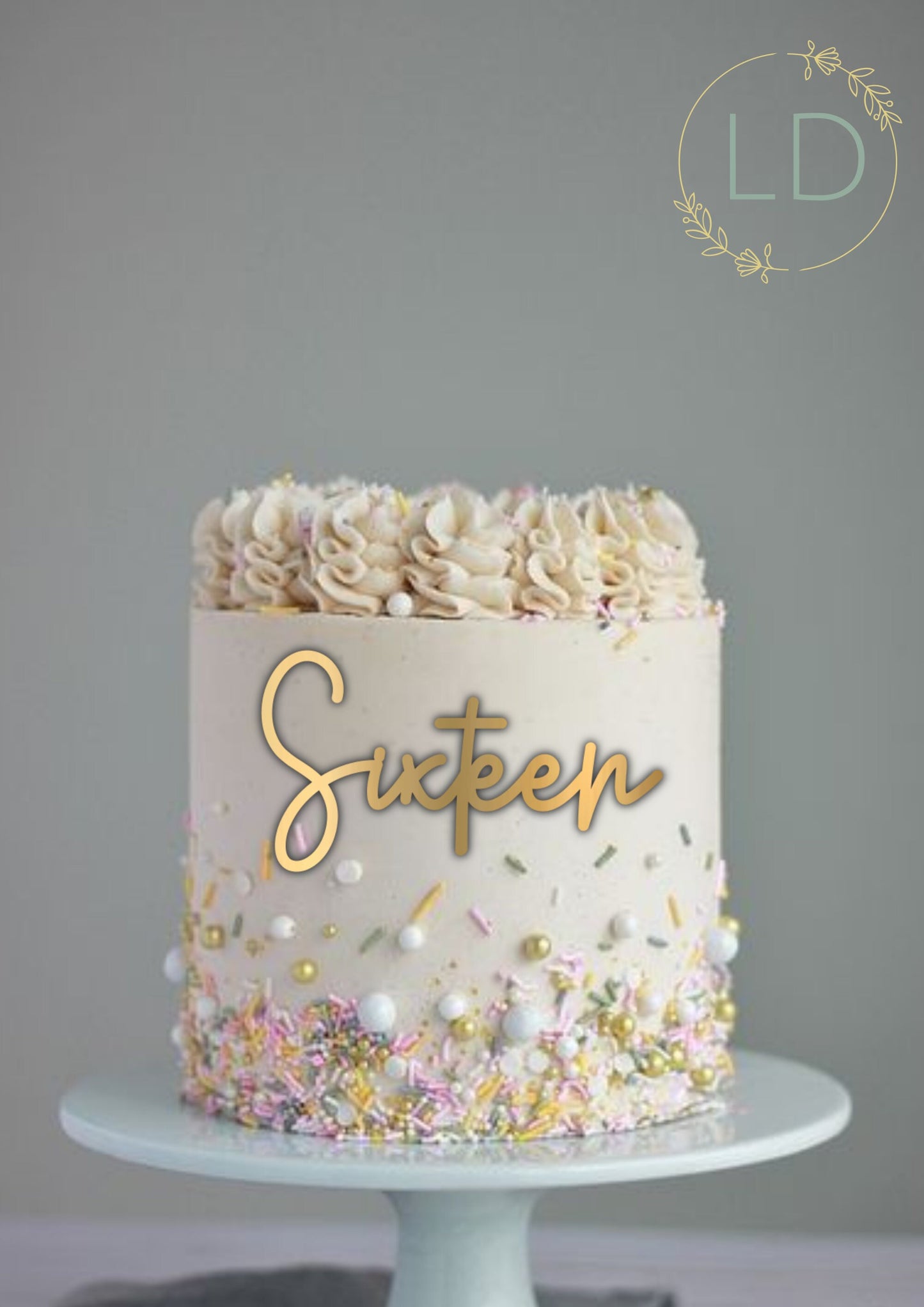Acrylic 'Sixteen' Cake Topper or Charm. Various Fonts, Colours & Sizes