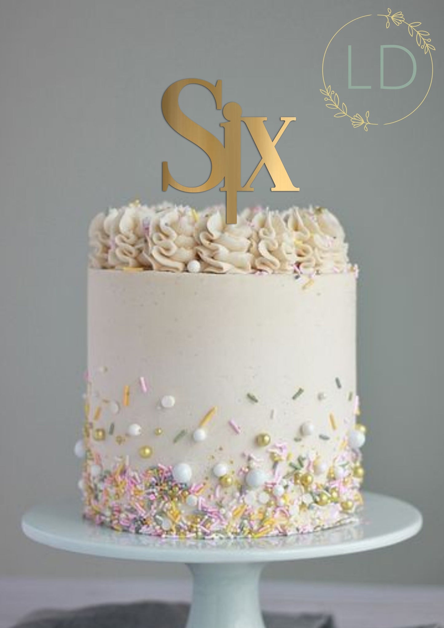 Acrylic 'Six' Cake Topper or Charm. Various Fonts, Colours & Sizes