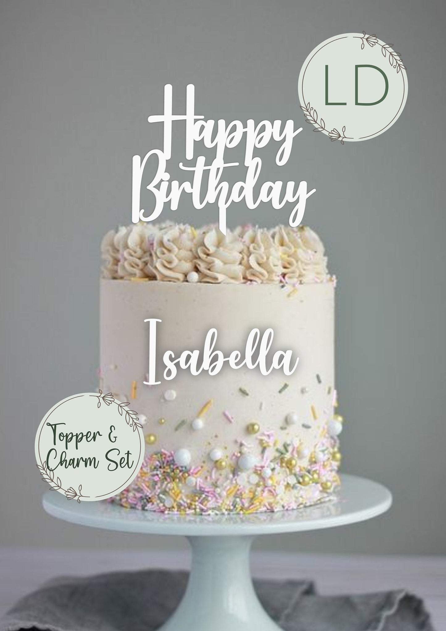 Acrylic 'Happy Birthday' Cake Topper with matching 'Name' Charm. Various Fonts, Colours & Sizes