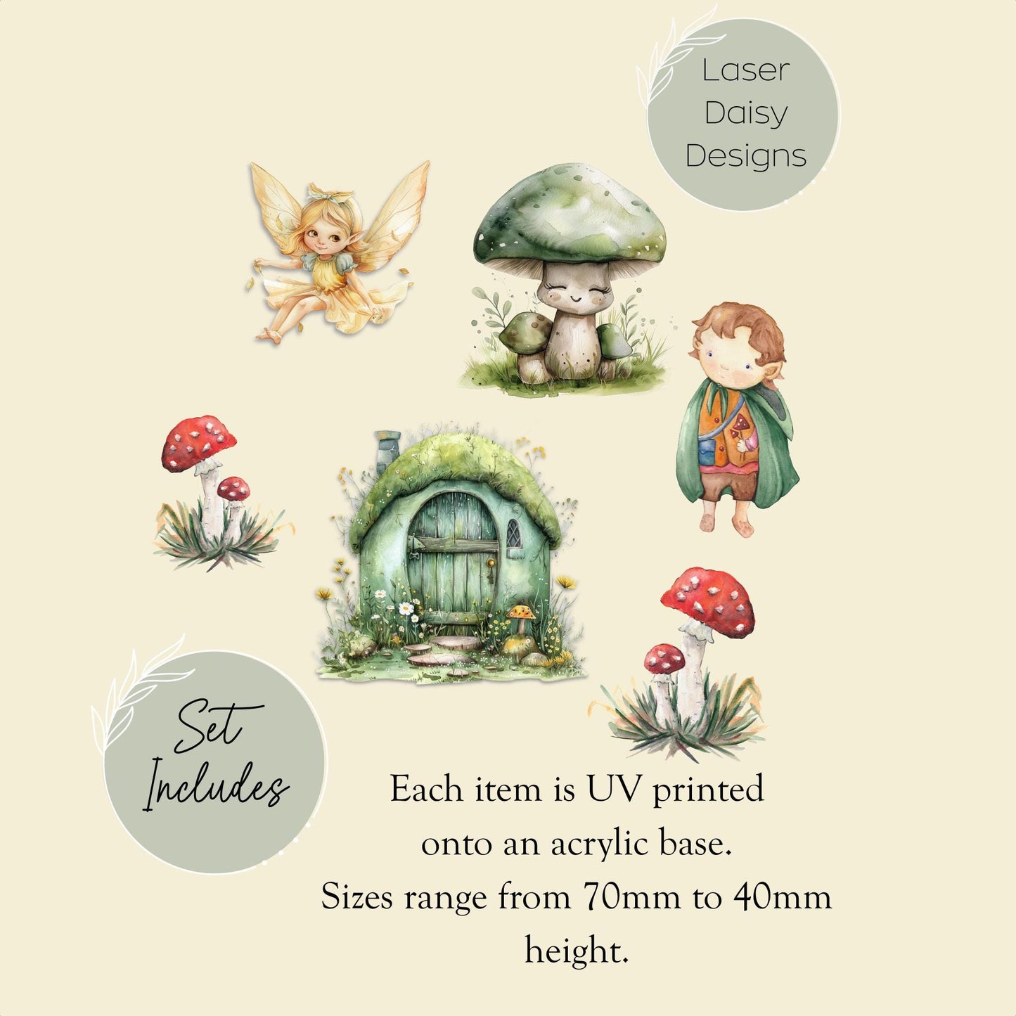 Cute Woodland Fairy Toadstools. Printed Acrylic Cake Charm Set.
