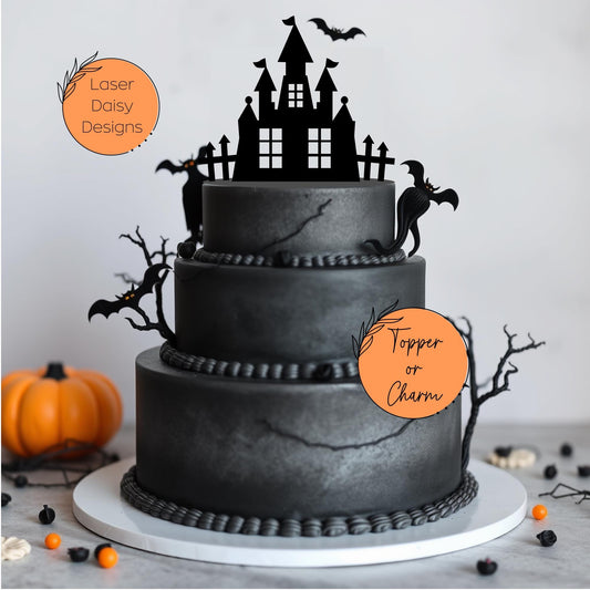 Spooky Castle Haunted House Halloween Cake Topper or Charm. Various Colours & Sizes