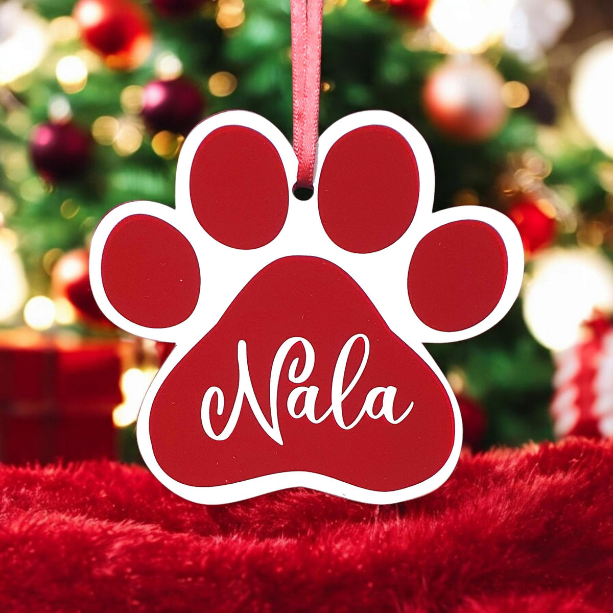 Dog Pet Paw Print Christmas baubles, Personalised printed acrylic ornament optional gift box