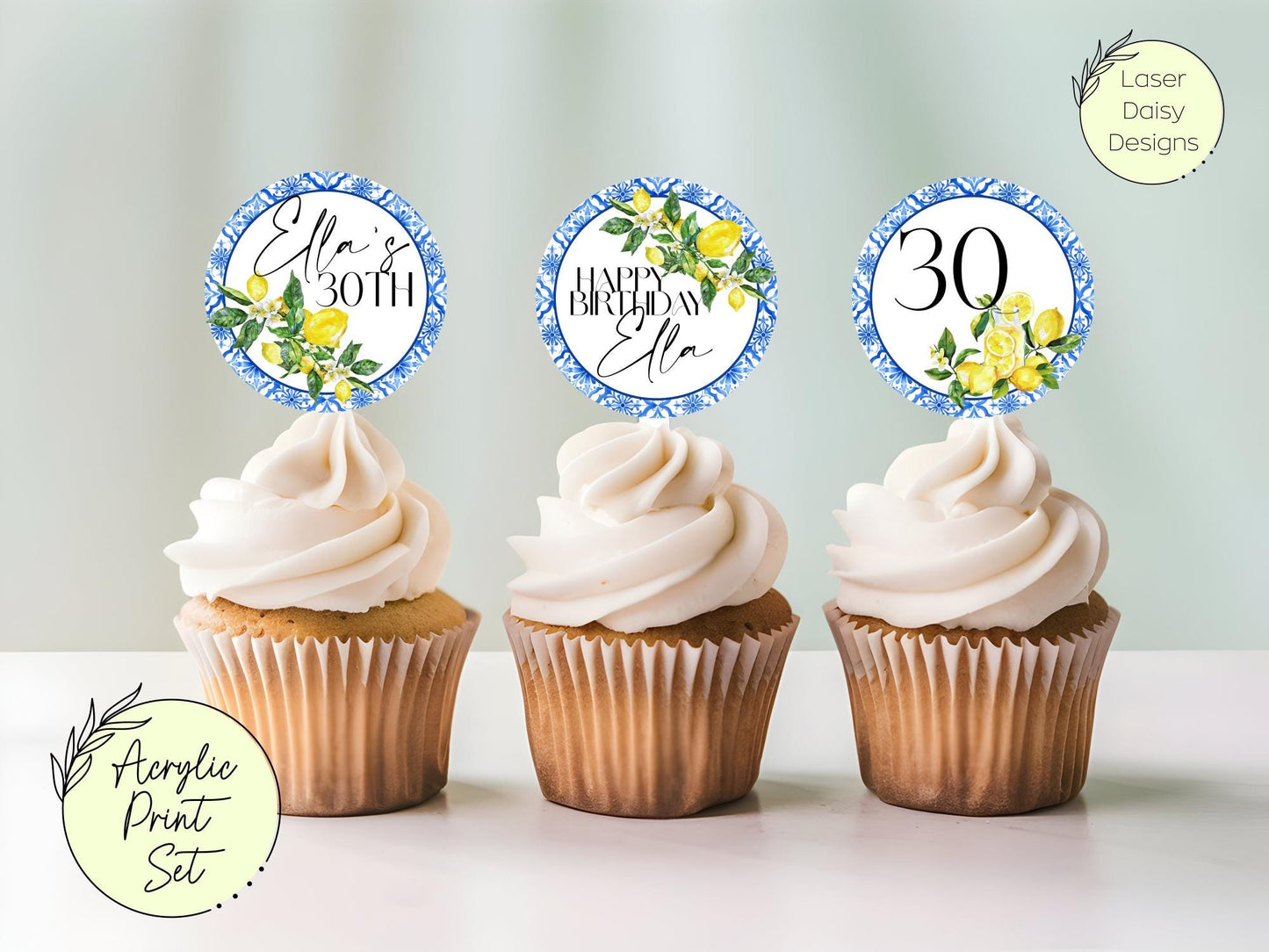 Lemon Amalfi Coast Mediterranean Cupcake Acrylic Charm set. Personalised. Non edible