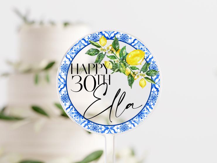 Lemon Amalfi Coast Mediterranean Style Acrylic Cake Topper. Personalised. Non edible