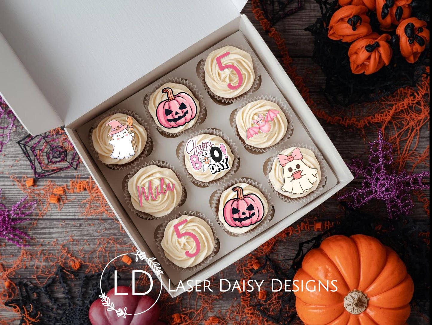 Halloween Happy BooDay Acrylic Cupcake Charm or Topper set. Personalised. Non edible