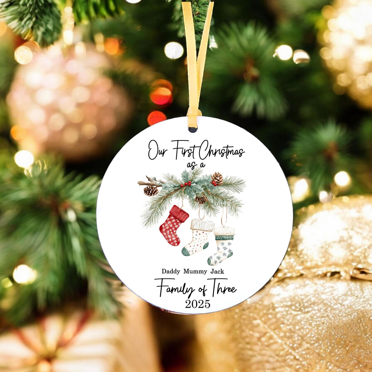 First Christmas As Family of - Personalised Christmas Stocking Bauble (Optional Gift Box)