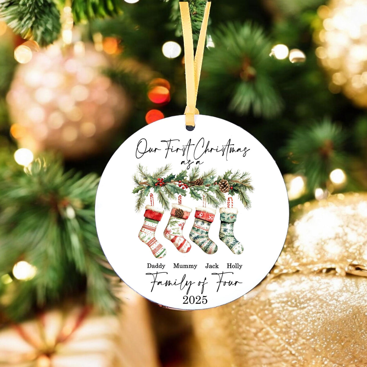 First Christmas As Family of - Personalised Christmas Stocking Bauble (Optional Gift Box)