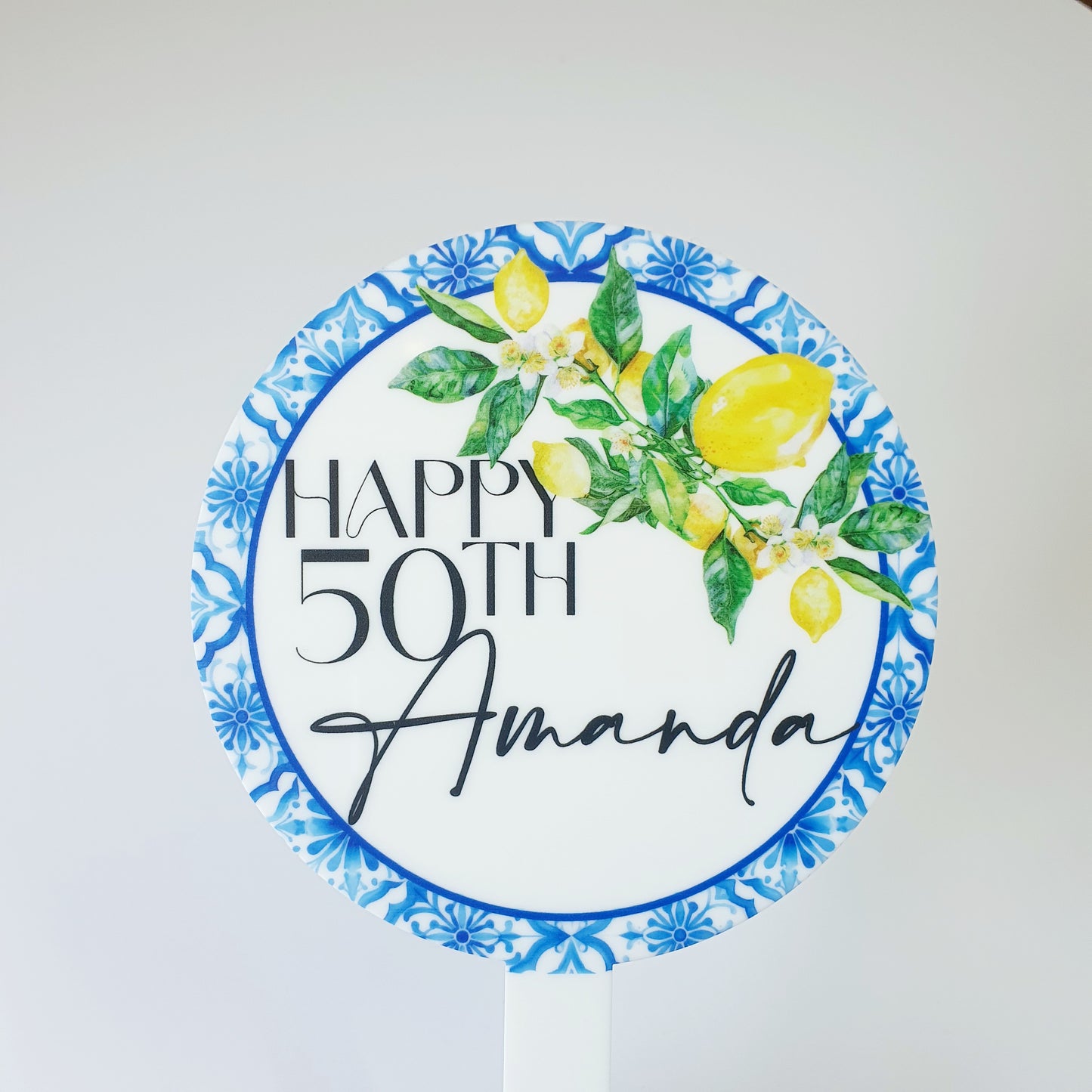 Lemon Amalfi Coast Mediterranean Style Acrylic Cake Topper. Personalised. Non edible