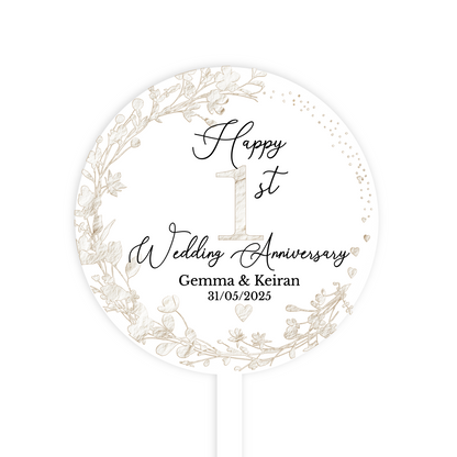 1st Wedding Paper Anniversary Printed Acrylic Cake Topper. Personalised. Non edible