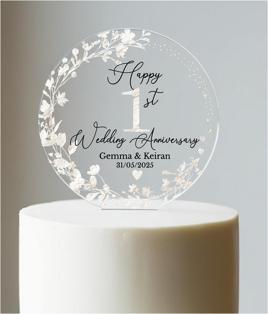 1st Wedding Paper Anniversary Printed Acrylic Cake Topper. Personalised. Non edible