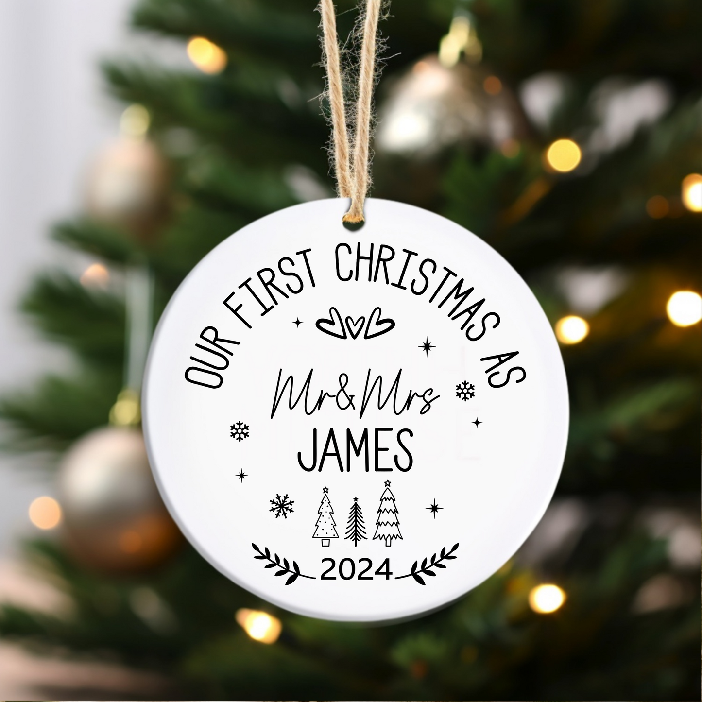 First Christmas as Mr, Mr, Mrs, Mrs 'name'. Personalised Printed Christmas Bauble