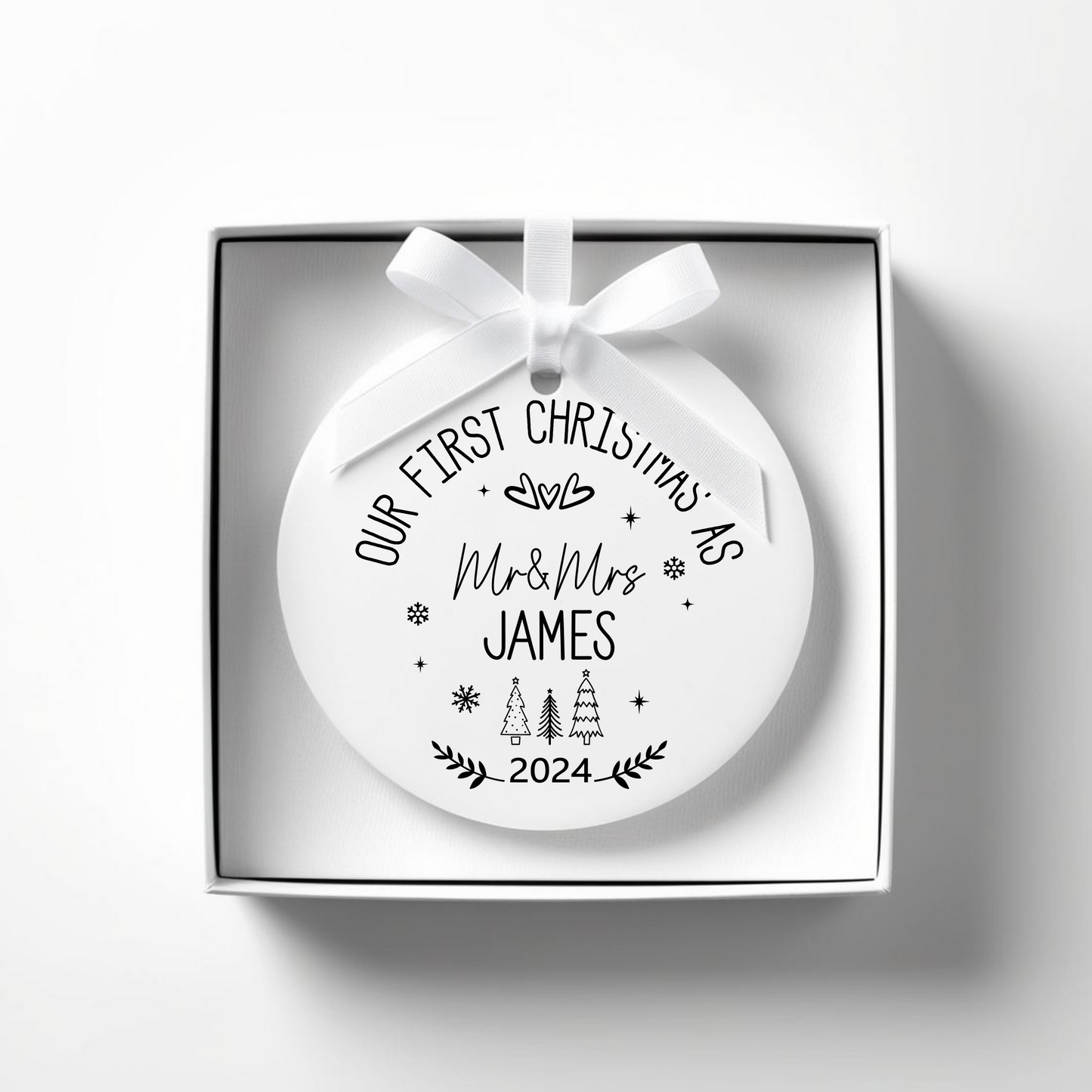 First Christmas as Mr, Mr, Mrs, Mrs 'name'. Personalised Printed Christmas Bauble