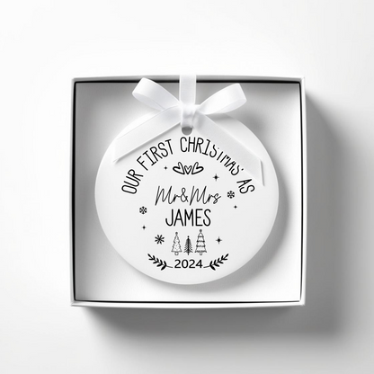 First Christmas as Mr, Mr, Mrs, Mrs 'name'. Personalised Printed Christmas Bauble