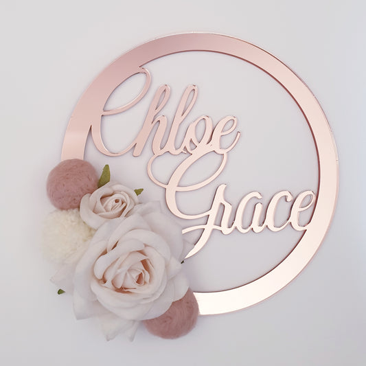 Floral name mirror/coloured acrylic hoop, personalised wall/door decor, children's bedroom, nursery, dressing room, business name sign.