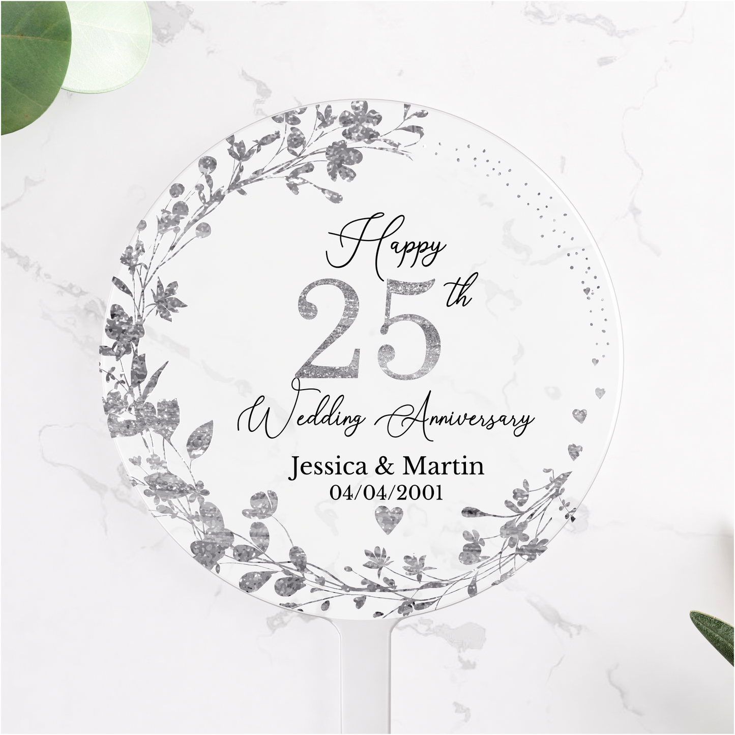 25th Wedding Silver Anniversary Printed Acrylic Cake Topper. Personalised. Non edible