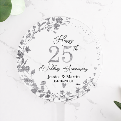 25th Wedding Silver Anniversary Printed Acrylic Cake Topper. Personalised. Non edible