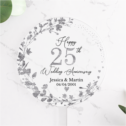 25th Wedding Silver Anniversary Printed Acrylic Cake Topper. Personalised. Non edible
