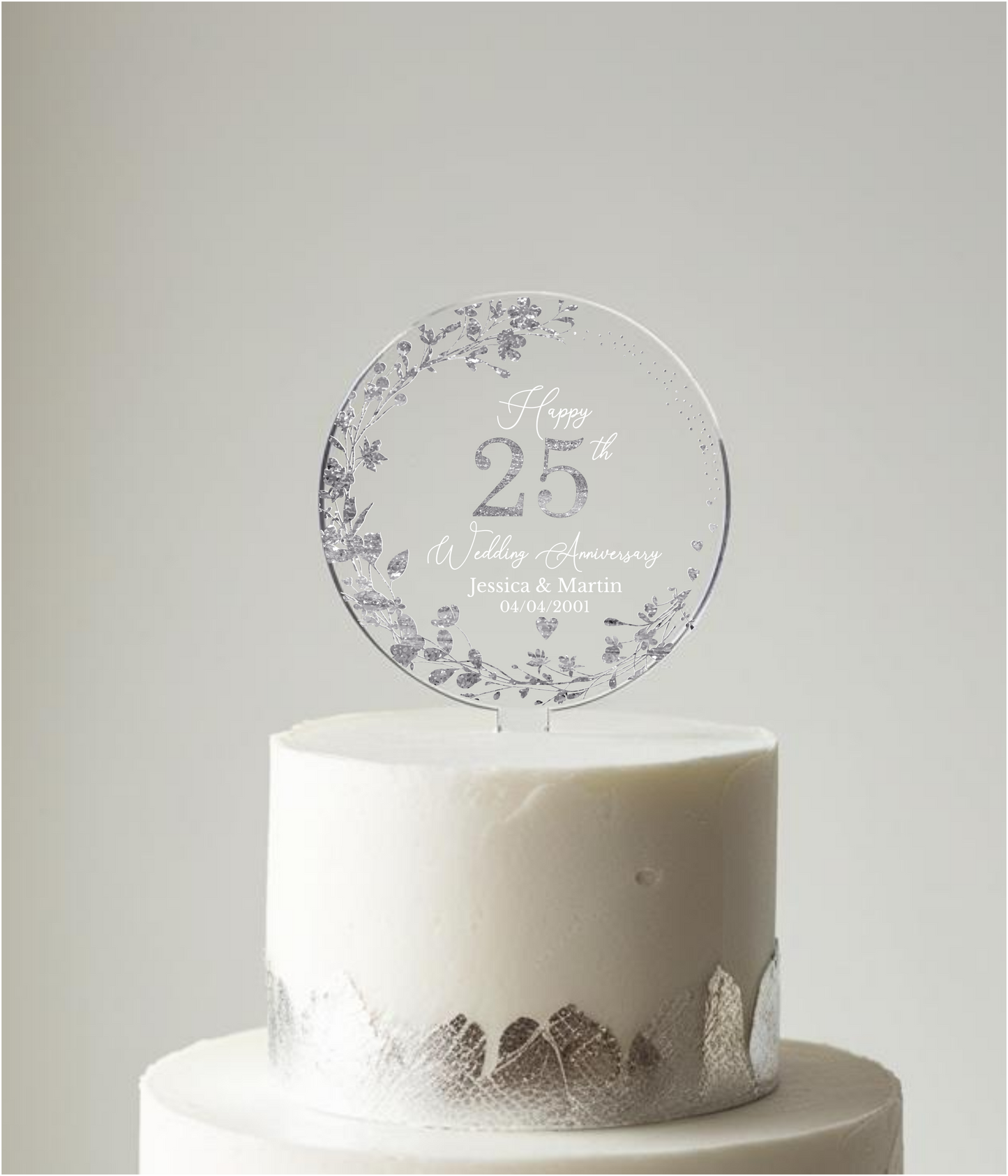 25th Wedding Silver Anniversary Printed Acrylic Cake Topper. Personalised. Non edible