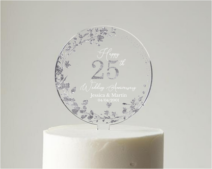 25th Wedding Silver Anniversary Printed Acrylic Cake Topper. Personalised. Non edible