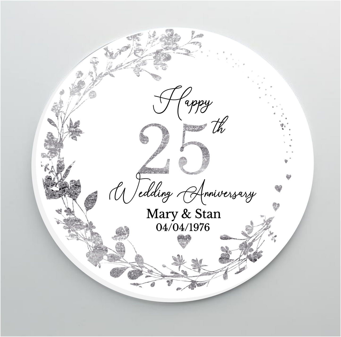 25th Wedding Silver Anniversary Printed Acrylic Cake Topper. Personalised. Non edible