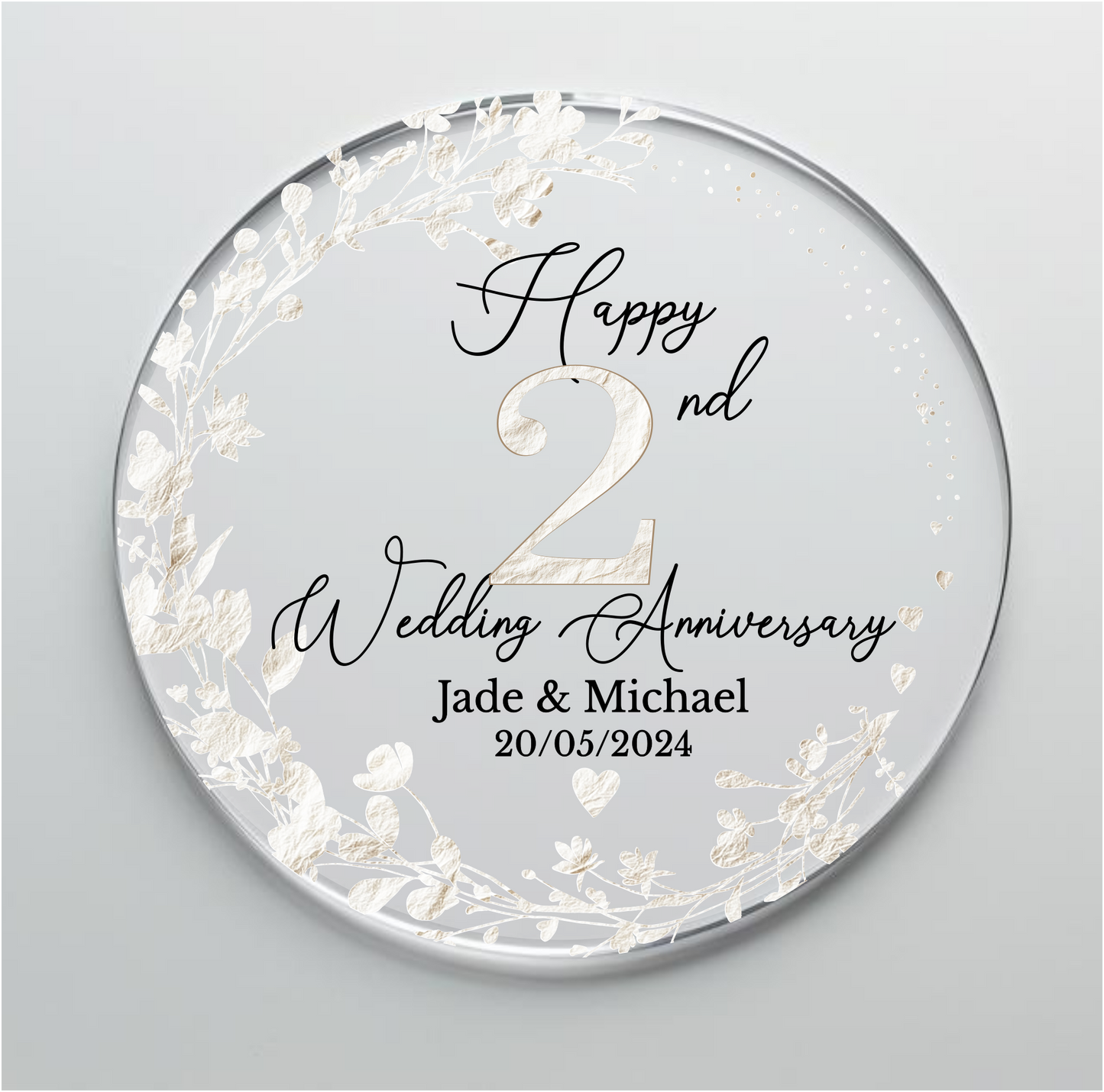 2nd Wedding Cotton Anniversary Printed Acrylic Cake Topper. Personalised. Non edible