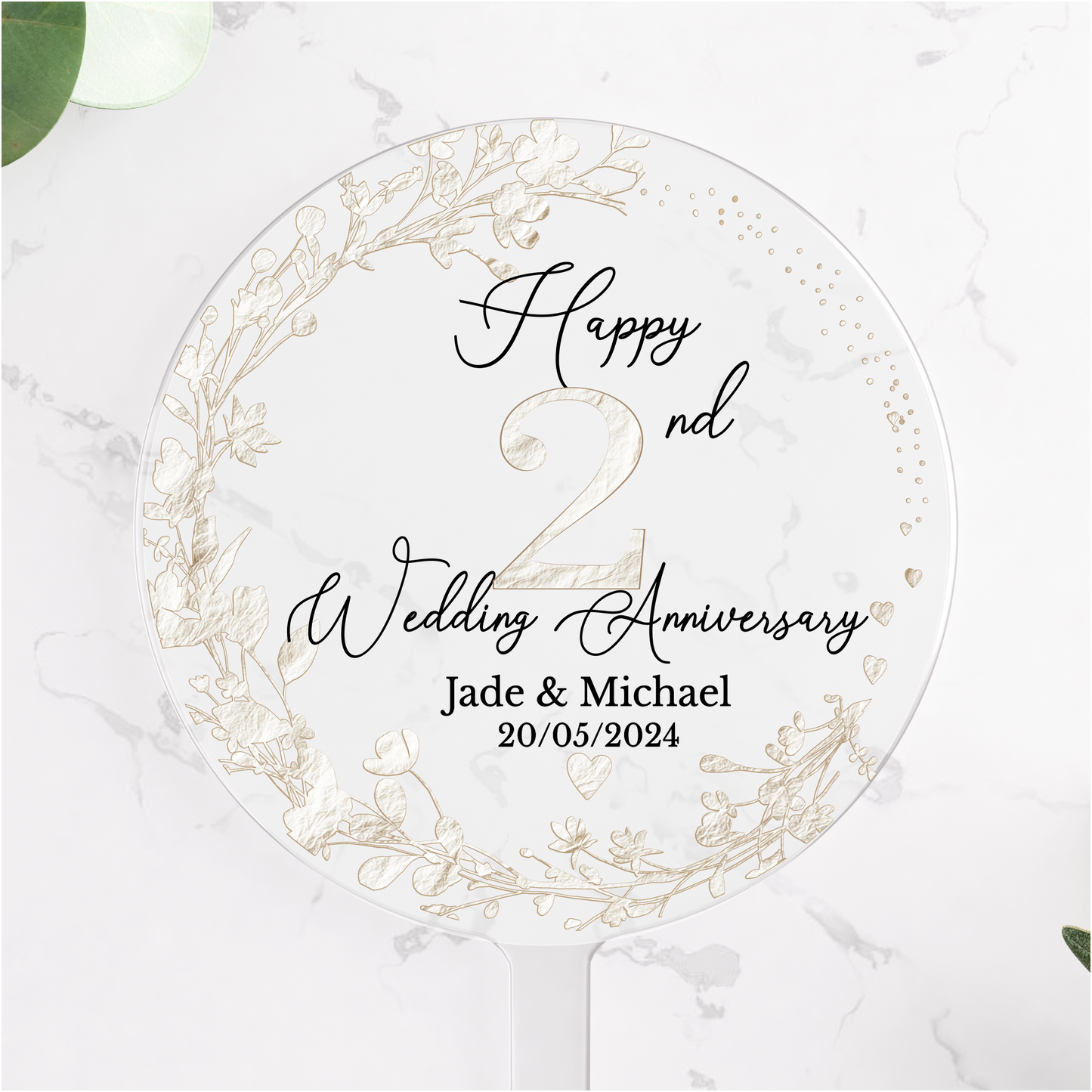 2nd Wedding Cotton Anniversary Printed Acrylic Cake Topper. Personalised. Non edible