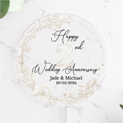 2nd Wedding Cotton Anniversary Printed Acrylic Cake Topper. Personalised. Non edible